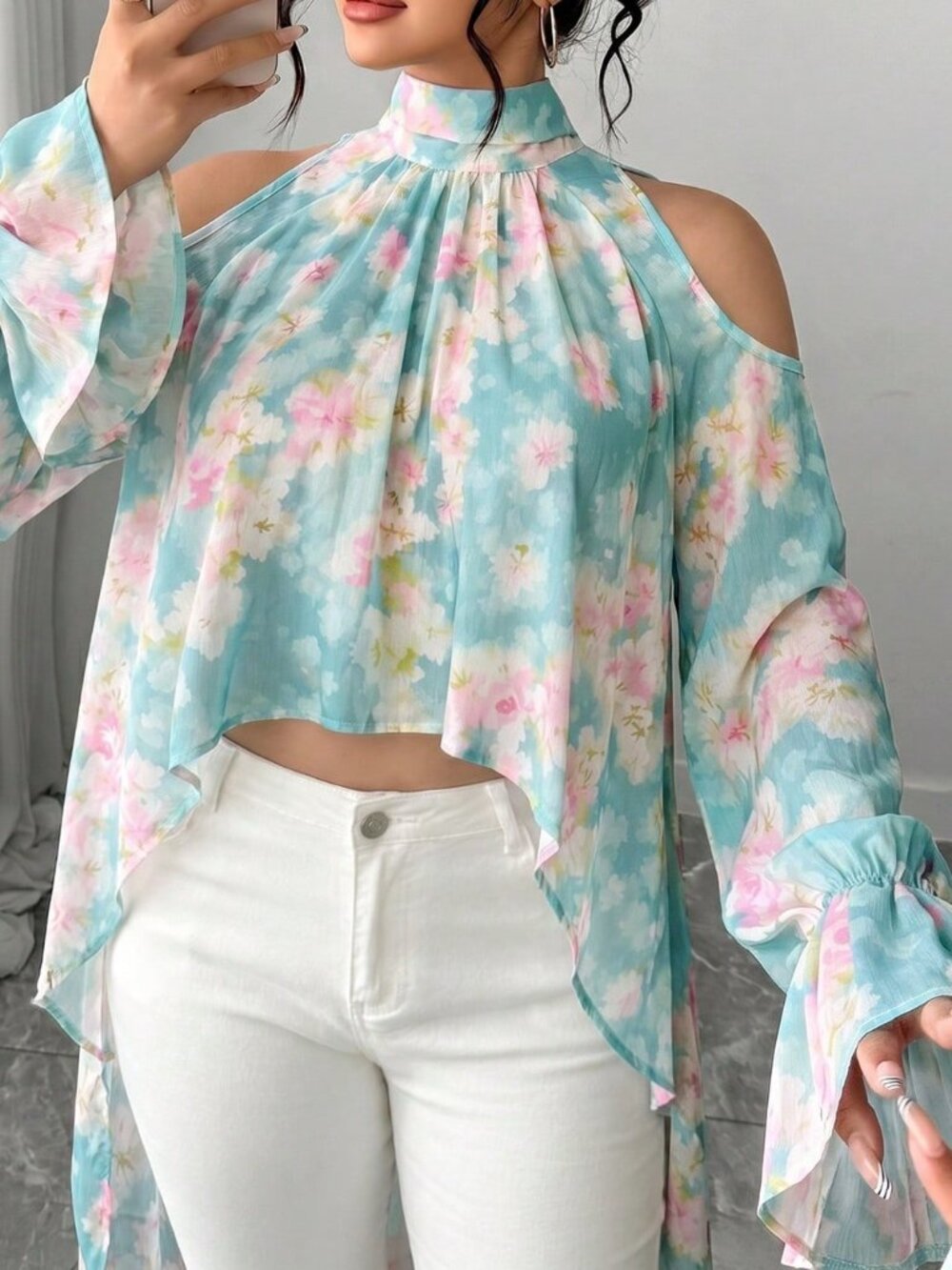Mint Blue Casual Women's Plus Size Elegant Soft Floral Print Chiffon Blouse - Picture 4 of 6